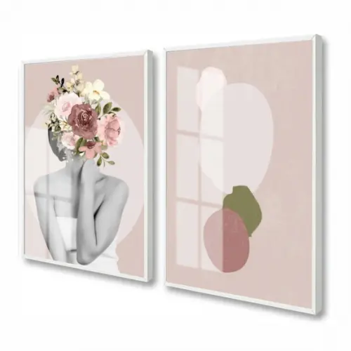 Quadros Decorativos Mulher Flores Abstrato Moldura E Vidro