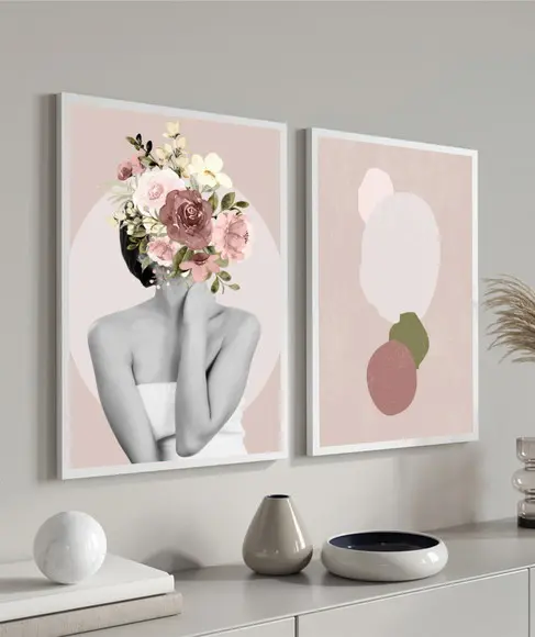 Quadros Decorativos Mulher Flores Abstrato Rosa Com Moldura
