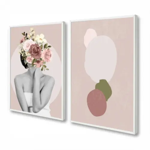 Quadros Decorativos Mulher Flores Abstrato Rosa Com Moldura