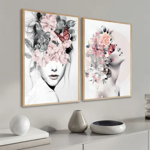 Quadros Decorativos Mulheres Flores Rosa Com Moldura E Vidro