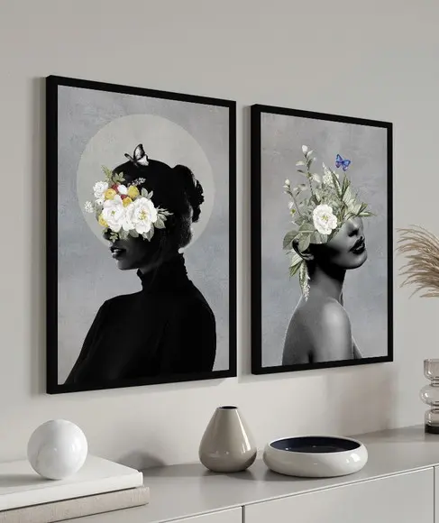 Quadros Decorativos Mulheres Preto E Branco Flores Moldura
