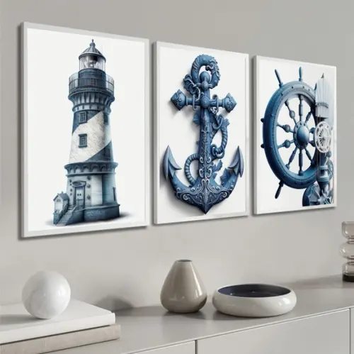 Quadros Decorativos Náuticos Farol Ancora Moldura e Vidro