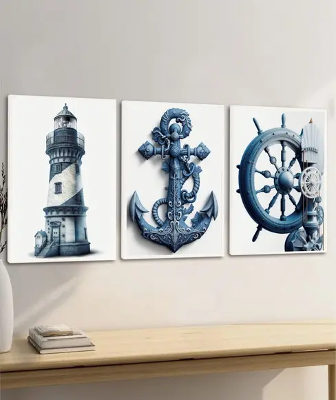Quadros Decorativos Náuticos Farol Ancora Moldura e Vidro