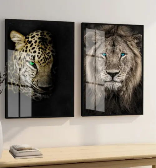 Quadros Decorativos Onça Pintada Leão Animais Moldura Vidro