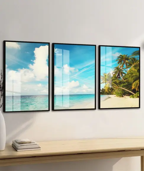 Quadros Decorativos Paisagem Azul Praia Mar Coqueiros Vidro