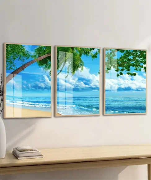 Quadros Decorativos Paisagem Coqueiro Mar Azul Moldura Vidro