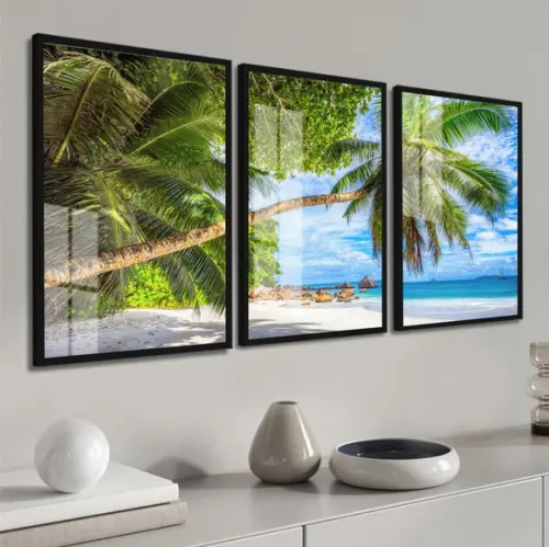 Quadros Decorativos Paisagem Coqueiro Mar Moldura e Vidro