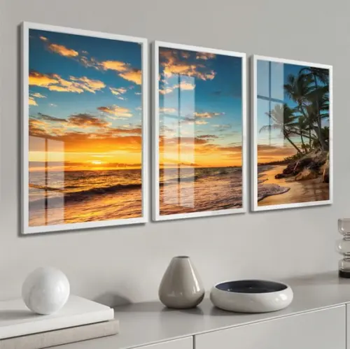 Quadros Decorativos Paisagem Coqueiro Pôr do Sol Mar Vidro