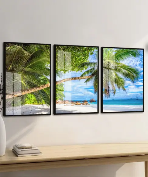 Quadros Decorativos Paisagem Coqueiro Mar Moldura e Vidro
