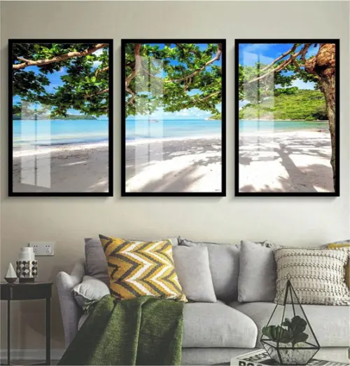 Quadros Decorativos Paisagem Mar Arvore com Moldura e Vidro