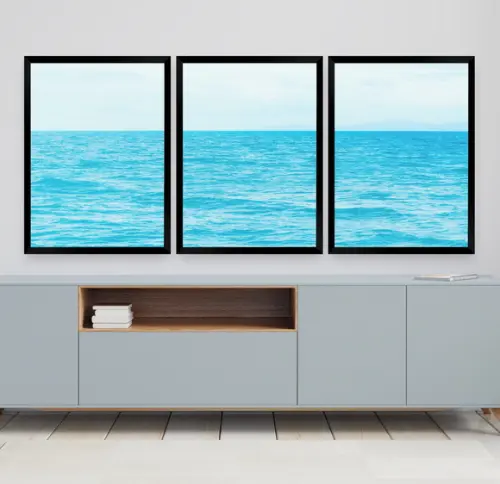 Quadros Decorativos Paisagem Mar Azul Para Sala Com Moldura