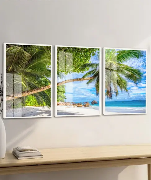Quadros Decorativos Paisagem Mar Coqueiro Moldura e Vidro