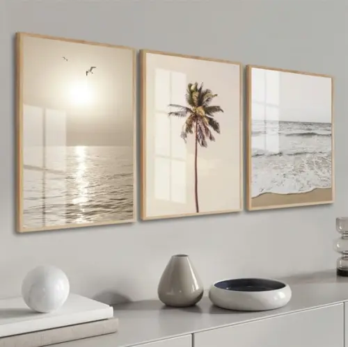 Quadros Decorativos Paisagem Mar Coqueiro Boho Moldura Vidro