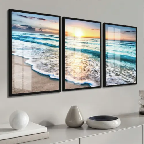 Quadros Decorativos Paisagem Mar Por do Sol Moldura e Vidro