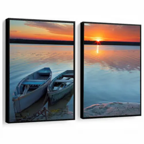 Quadros Decorativos Paisagem Pôr Do Sol Barcos Com Moldura