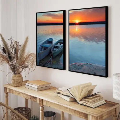 Quadros Decorativos Paisagem Pôr Do Sol Barcos Com Moldura