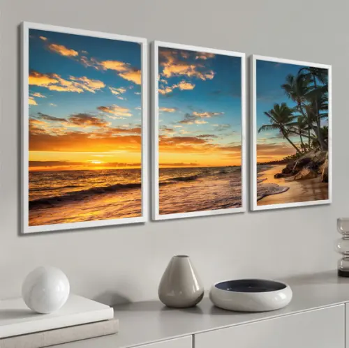 Quadros Decorativos Paisagem Pôr do Sol Coqueiro Moldura