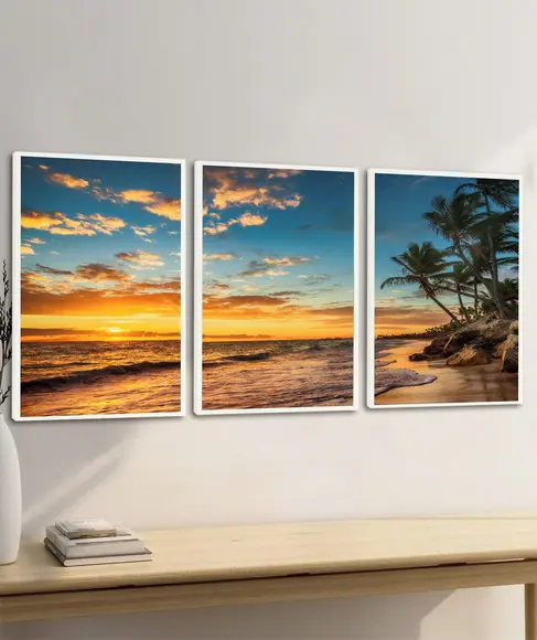 Quadros Decorativos Paisagem Pôr do Sol Coqueiro Moldura