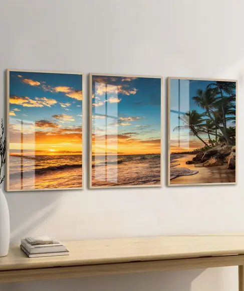 Quadros Decorativos Paisagem Pôr do Sol Mar Coqueiro Vidro