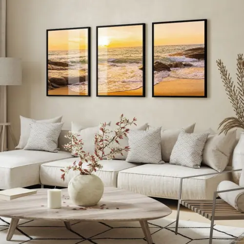 Quadros Decorativos Paisagem Pôr do Sol Mar Moldura e Vidro
