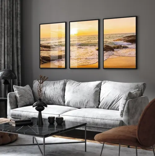 Quadros Decorativos Paisagem Pôr do Sol Mar Moldura e Vidro