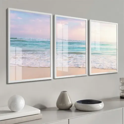 Quadros Decorativos Paisagem Praia Azul Mar Moldura e Vidro
