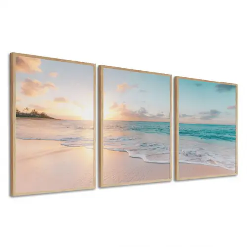 Quadros Decorativos Paisagem Praia Azul Pôr do Sol Moldura