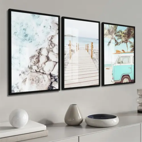 Quadros Decorativos Paisagem Praia Kombi com Moldura e Vidro