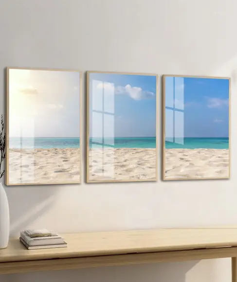 Quadros Decorativos Paisagem Praia Mar Azul Moldura e Vidro
