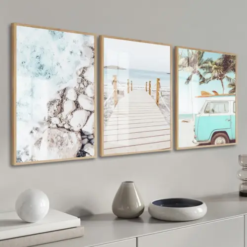 Quadros Decorativos Paisagem Praia Mar Kombi Moldura E Vidro