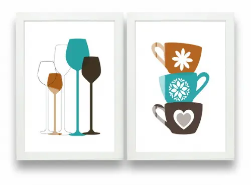 Quadros Decorativos Para Cozinha Xícaras Com Moldura e Vidro