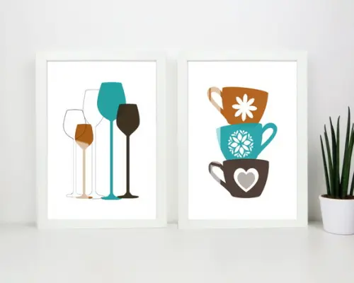 Quadros Decorativos Para Cozinha Xícaras Com Moldura e Vidro