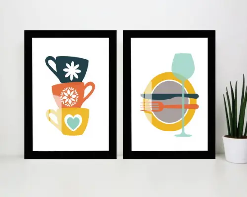 Quadros Decorativos Para Cozinha Xícaras Com Moldura e Vidro