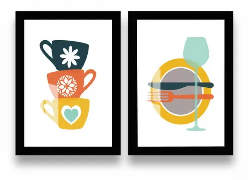 Quadros Decorativos Para Cozinha Xícaras Com Moldura e Vidro