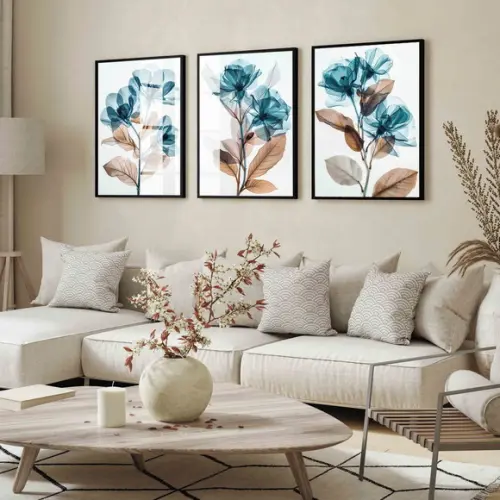 Quadros Decorativos para Sala Modernos Flores Azul com Vidro