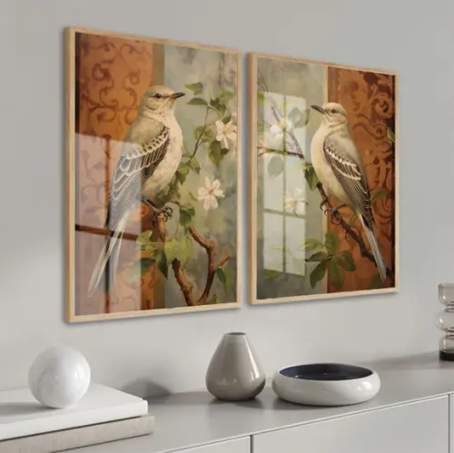 Quadros Decorativos Pássaros Flores Moderno Luxo com Vidro