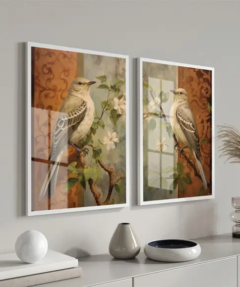 Quadros Decorativos Pássaros Flores Moderno Moldura e Vidro