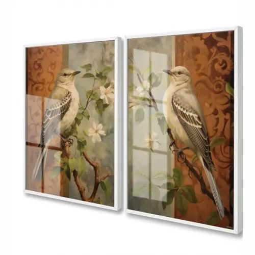 Quadros Decorativos Pássaros Flores Moderno Moldura e Vidro