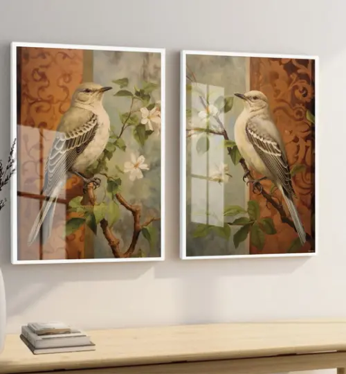 Quadros Decorativos Pássaros Flores Moderno Moldura e Vidro