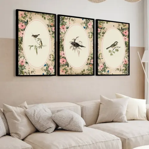 Quadros Decorativos Passaros Flores Rosa com Moldura Vidro