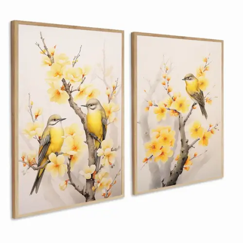 Quadros Decorativos Pássaros Modernos Flores Amarela Vidro