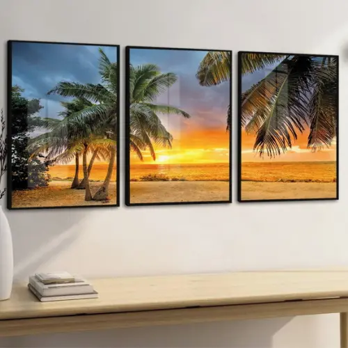 Quadros Decorativos Pôr do Sol Coqueiro Mar Moldura e Vidro