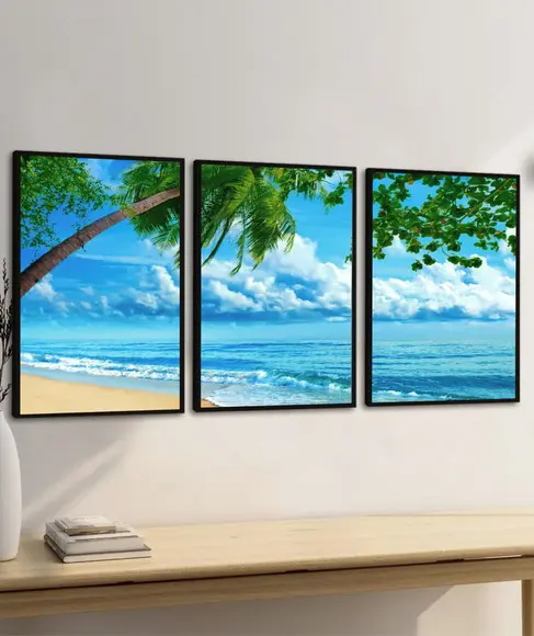 Quadros Decorativos Pôr do Sol Mar Praia Coqueiro Moldura