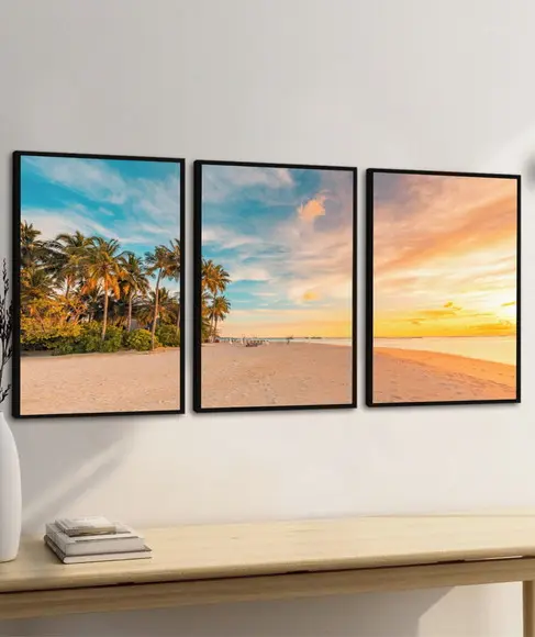 Quadros Decorativos Pôr do Sol Mar Praia Paisagem Moldura