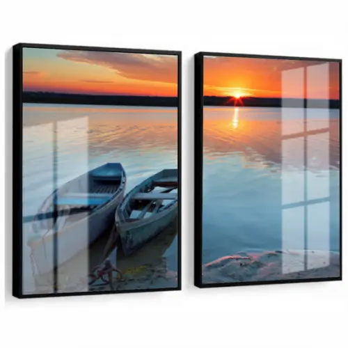 Quadros Decorativos Pôr Do Sol Paisagem Com Moldura e Vidro