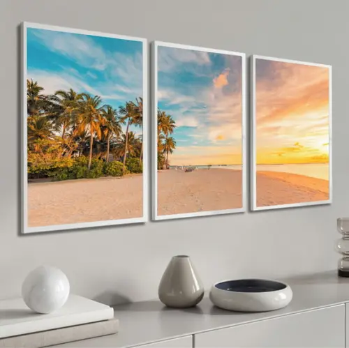 Quadros Decorativos Pôr do Sol Paisagem Mar Praia Moldura