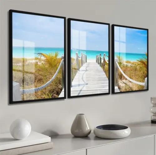Quadros Decorativos Praia Deck Paisagem Mar Moldura e Vidro