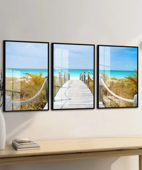 Quadros Decorativos Praia Deck Paisagem Mar Moldura e Vidro