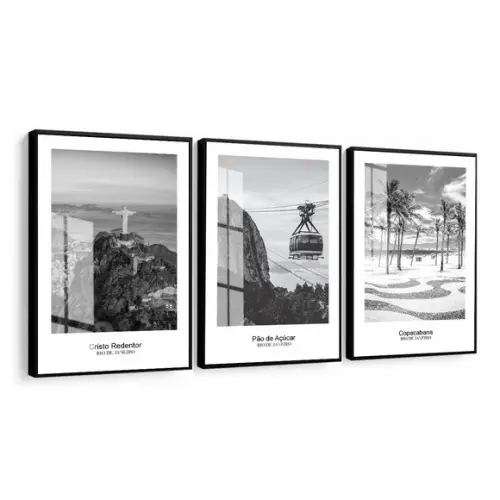 Quadros Decorativos Rio de Janeiro Preto e Branco com Vidro