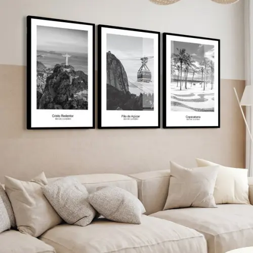 Quadros Decorativos Rio de Janeiro Preto e Branco com Vidro